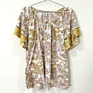 CATO Women’s L Flutter Sleeve Double Layer Floral Paisley Top Oversized Fit